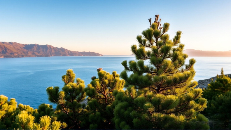 Pinet-covered bay at golden hour with calm blue water and mountainous backdrop in soft focus warm light and pastel colors Zeiss optics inspired style_cleanup.jpeg