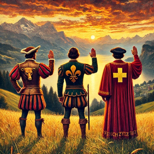 DALL·E 2024-08-01 10.21.39 - Oil painting style illustration of three men on the Grütli meadow in central Switzerland, representing the August 1, 1291 Pact. They stand on a steep .webp