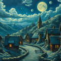 Dessin d\'Un joli village endormi sous un ciel endo